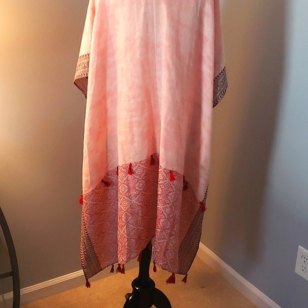 LONG BOHO DUSTER KIMONO SWIM COVER UP PINK RED BROWN PEACH AZTEC TASSLES… - Picture 7 of 7